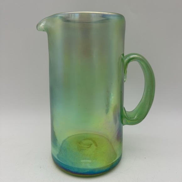 Vintage Opalescent Green Art Glass Jug Pitcher Iridescent 9